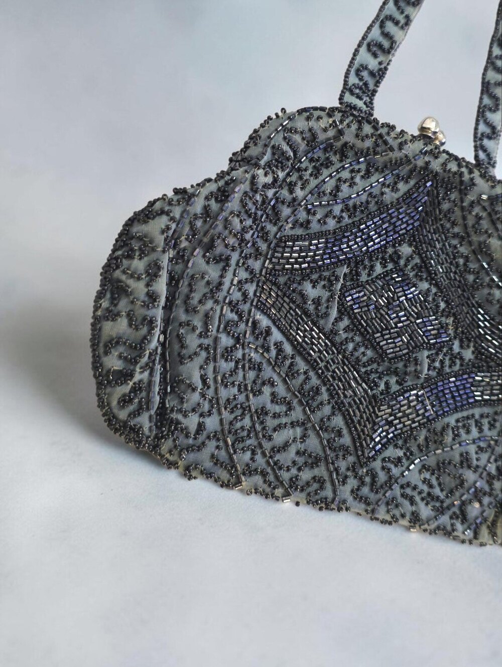 Vintage Walborg Made in W Germany Black Beaded Evening Bag Kiss Lock Handbag - Picture 3 of 6